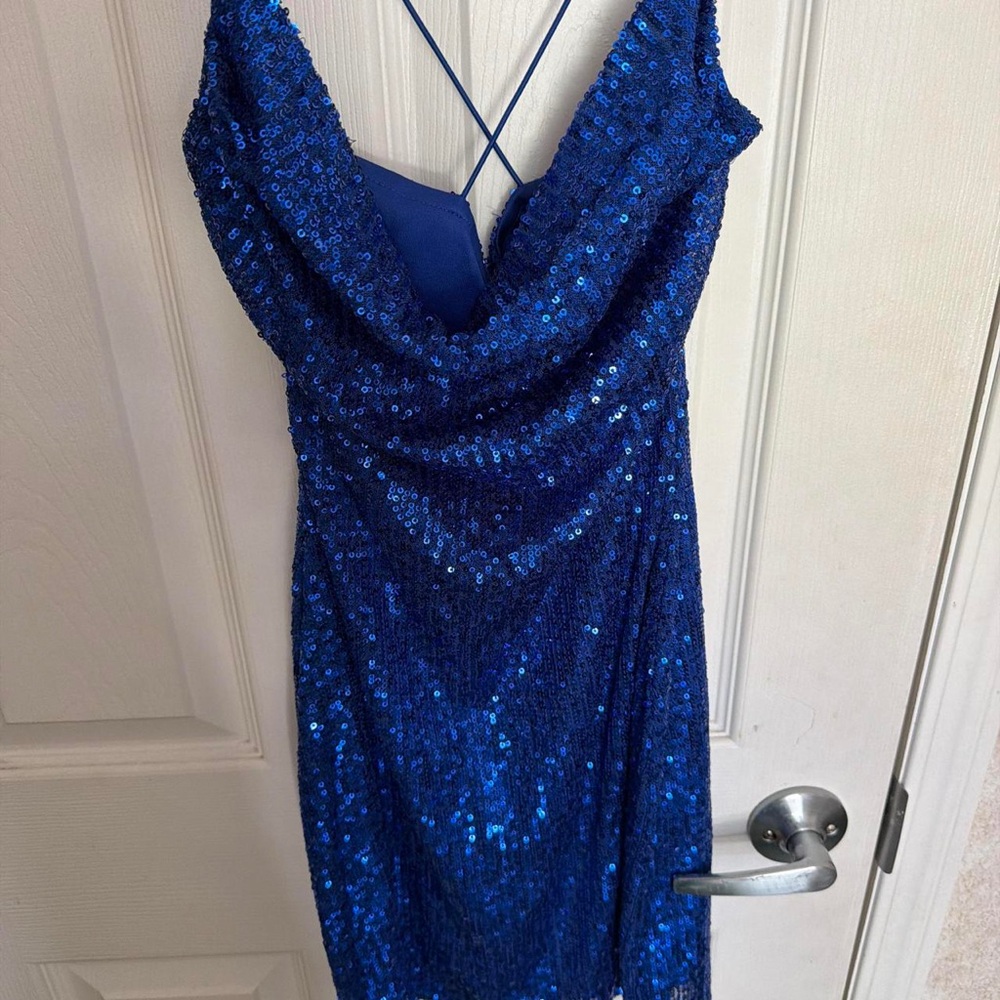 Royal Blue Sequin Cowl-Neck Mini Dress